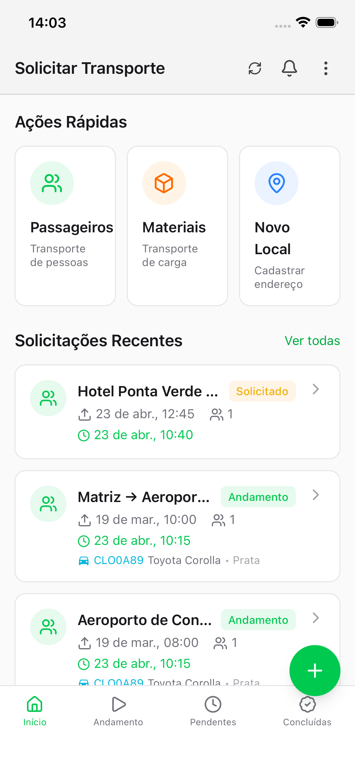 Tela inicial do app do passageiro com as ações rápidas e solicitações recentes