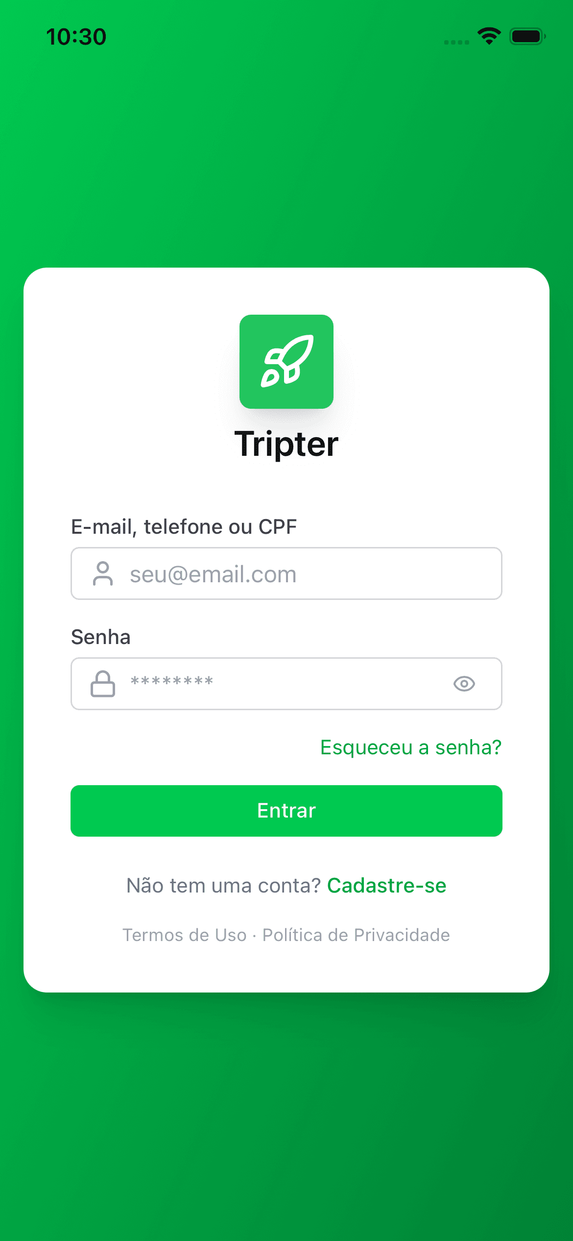 Tela de login do passageiro com campos de e-mail/telefone/CPF e senha