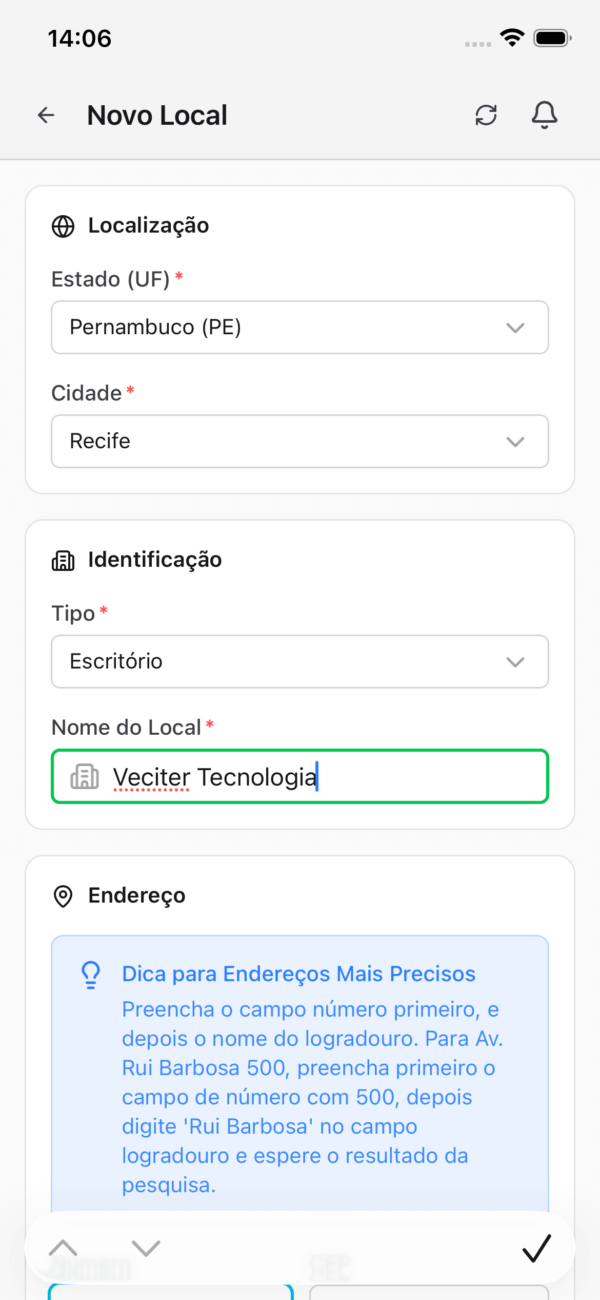 Cartões de Localização e Identificação no formulário de novo local