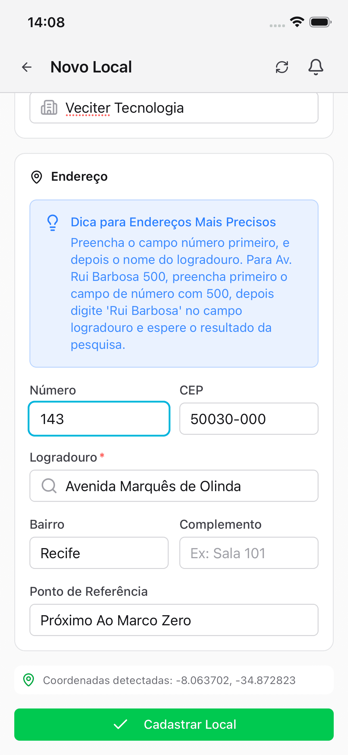 Cartão de endereço com dica de preenchimento, número, CEP e busca por logradouro