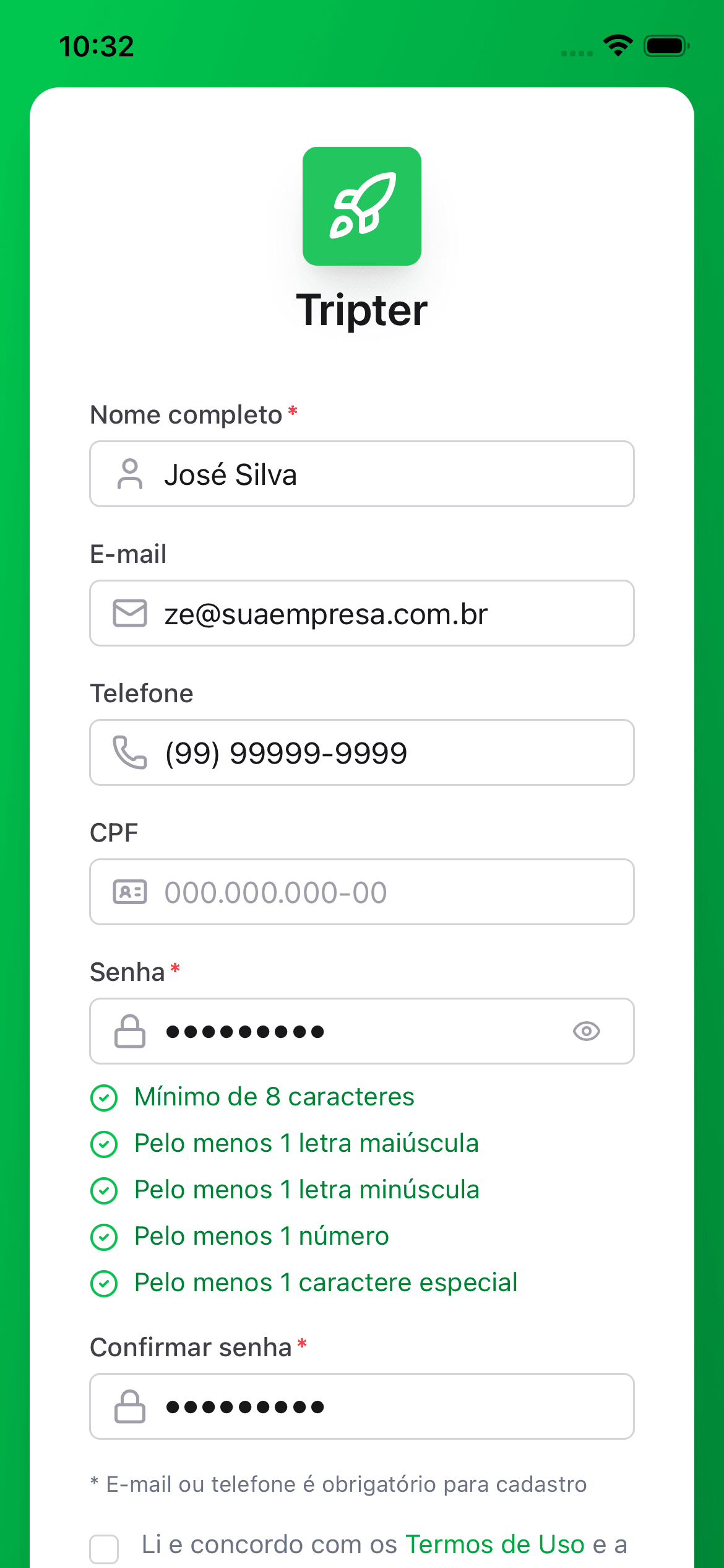 Formulário de cadastro do passageiro com nome, e-mail, telefone, CPF, senha e aceite dos termos
