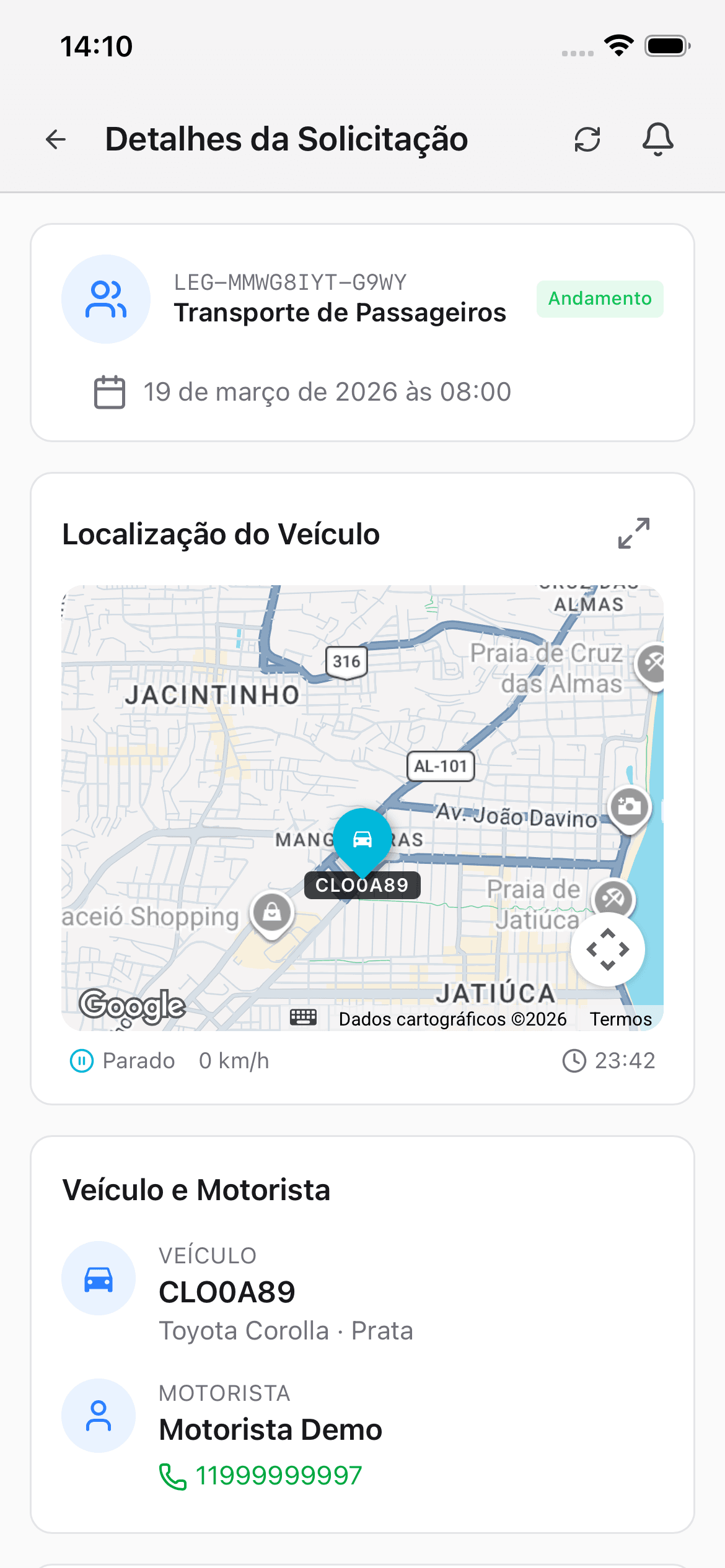 Tela de detalhes da viagem com status, dados do veículo e motorista