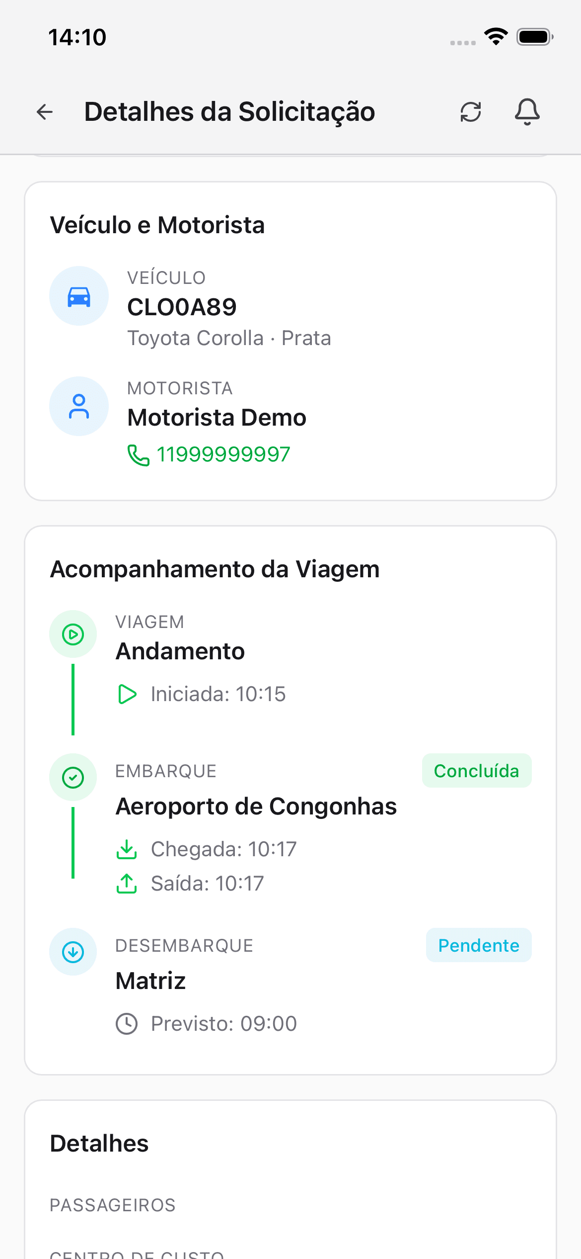 Linha do tempo da viagem com as paradas, horários previstos e horários reais