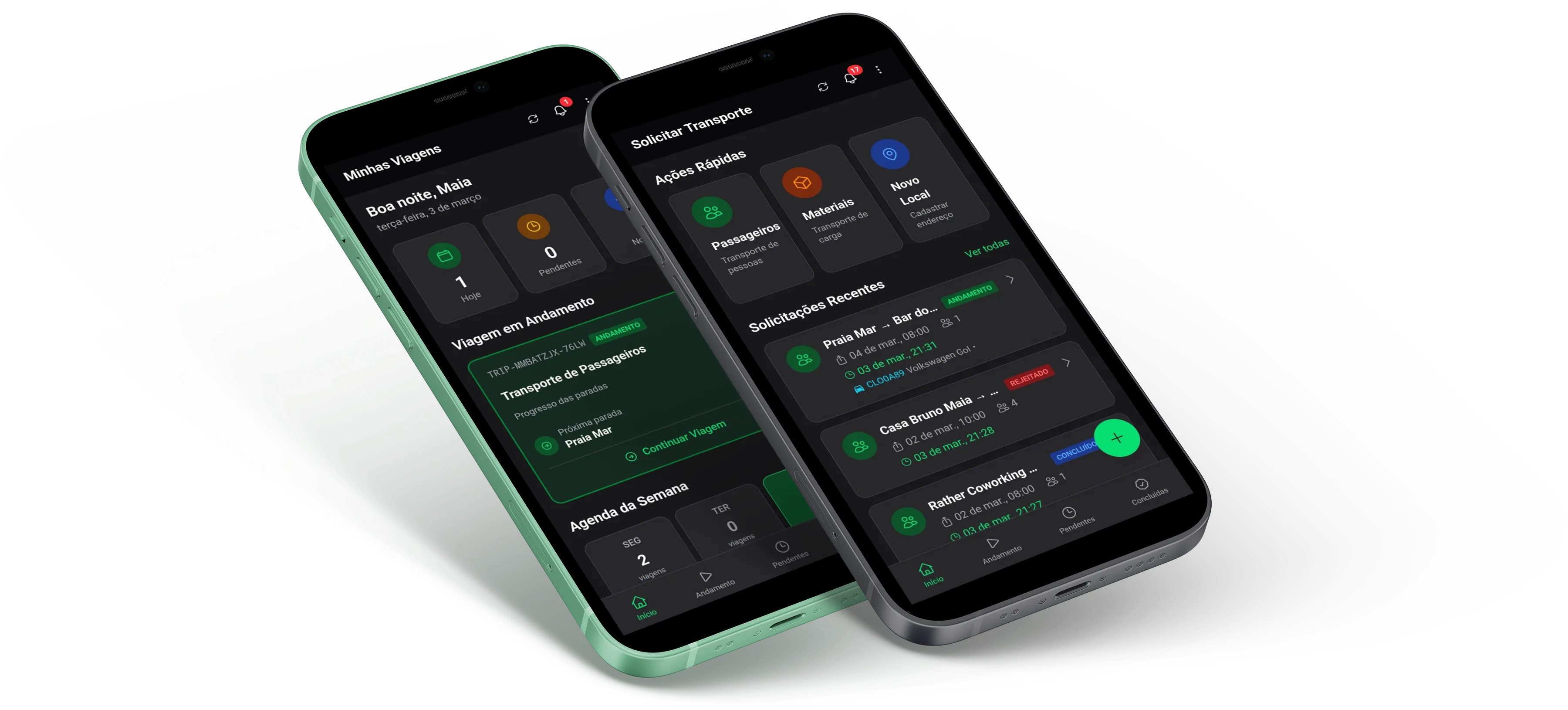 Telas dos aplicativos Tripter para passageiros e motoristas em smartphones